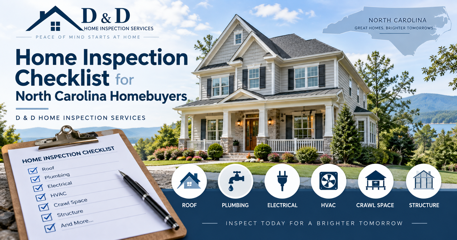 Home inspection checklist for North Carolina homebuyers featuring a house, inspection clipboard, and roof, plumbing, electrical, HVAC, crawl space, and structure icons.
