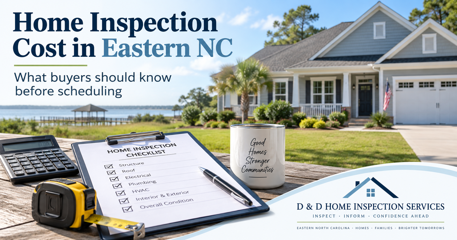 Home inspection cost guide for Eastern North Carolina showing a residential home, inspection checklist, calculator, tape measure, and D & D Home Inspection Services branding.