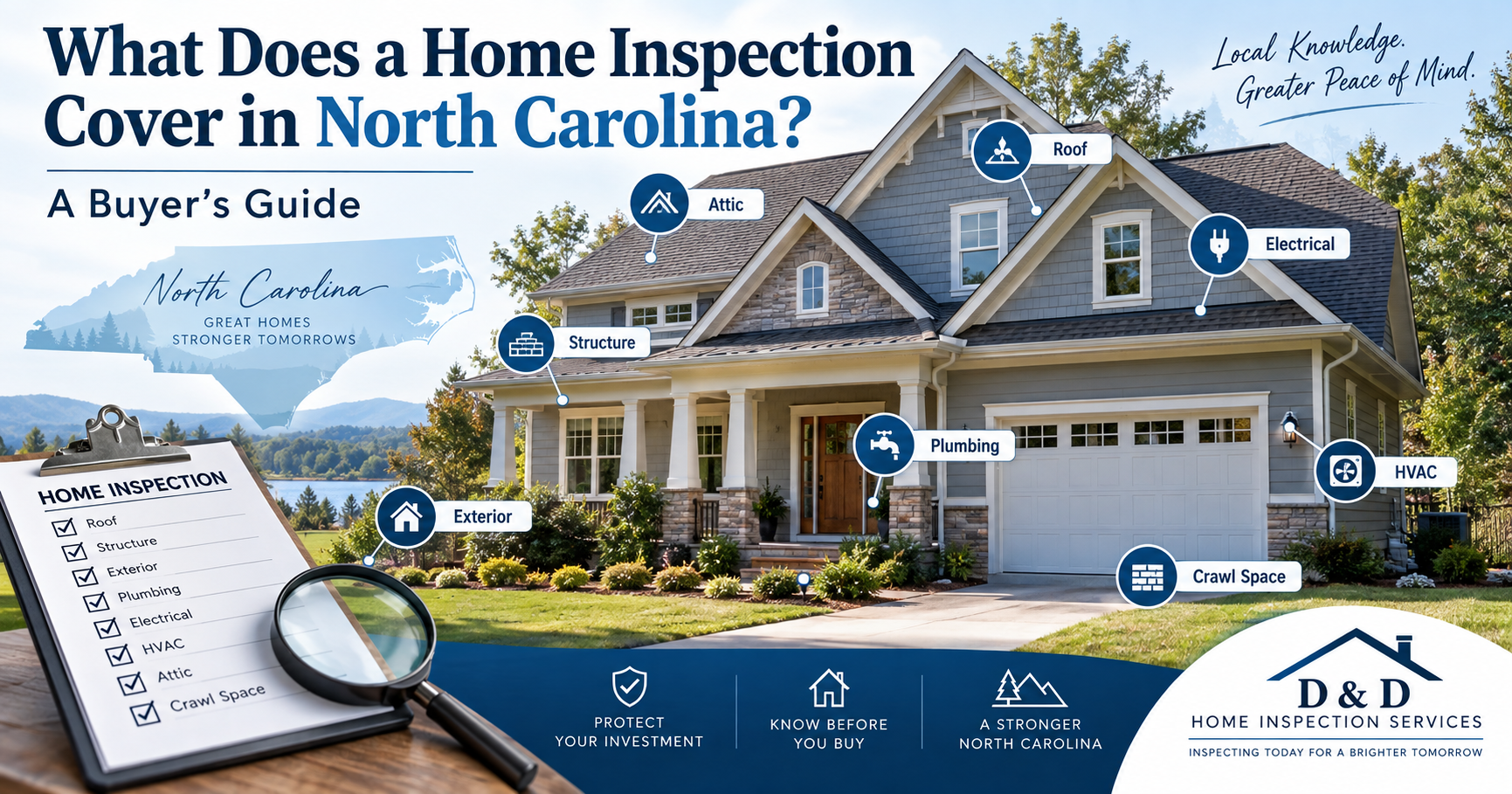 North Carolina home inspection guide showing a house with roof, attic, electrical, plumbing, HVAC, structure, exterior, and crawl space inspection areas.