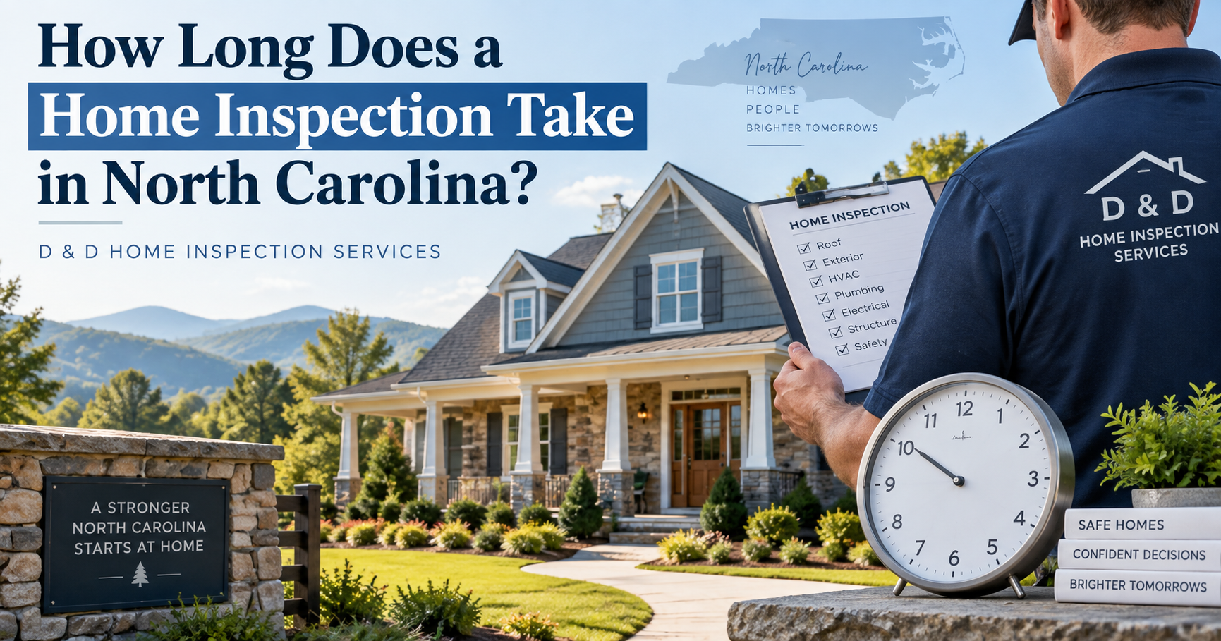 Home inspector reviewing a checklist outside a North Carolina home with a clock representing how long a home inspection takes.