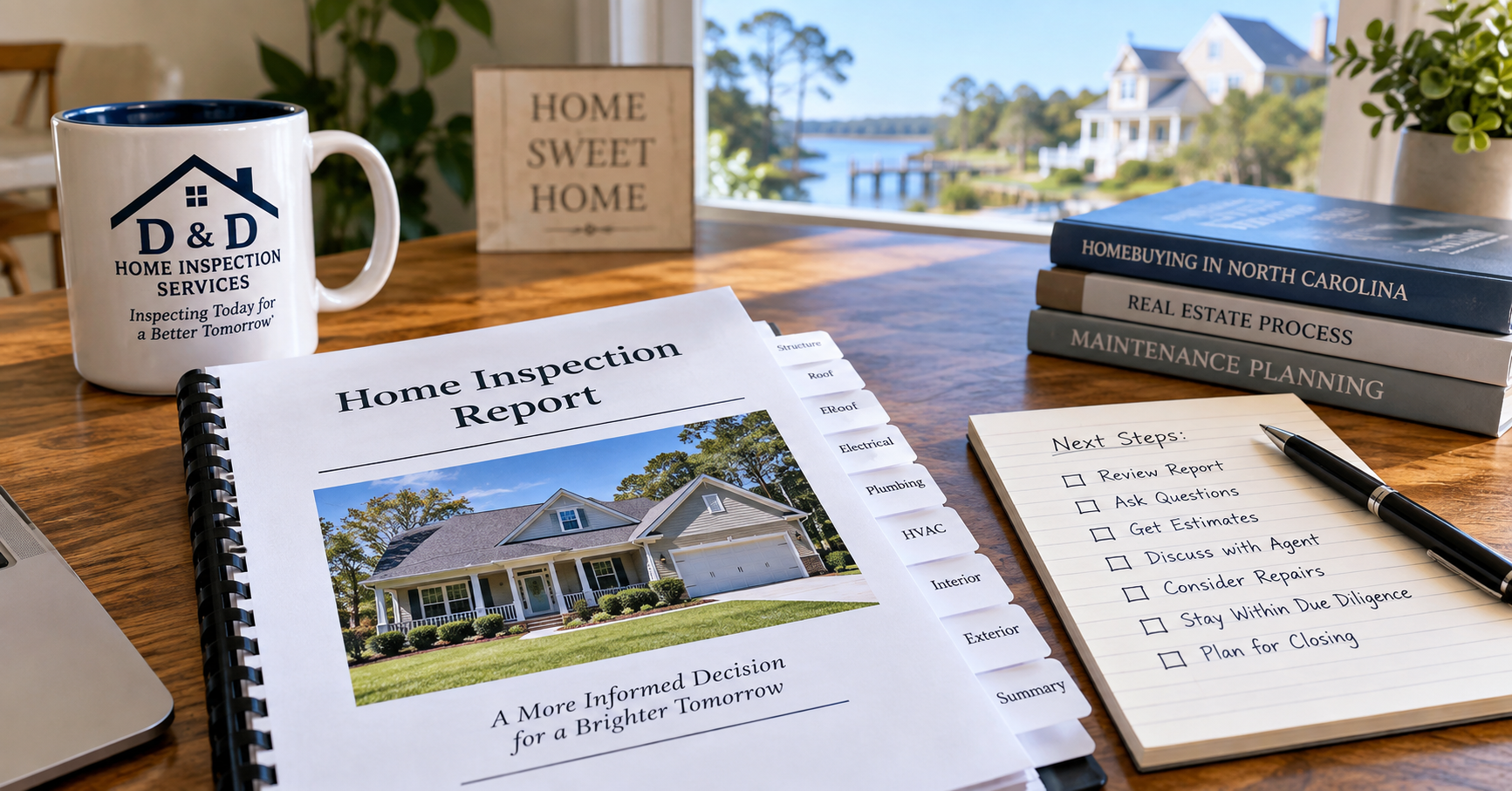 Home inspection report and next-steps checklist for a North Carolina homebuyer after a residential inspection.